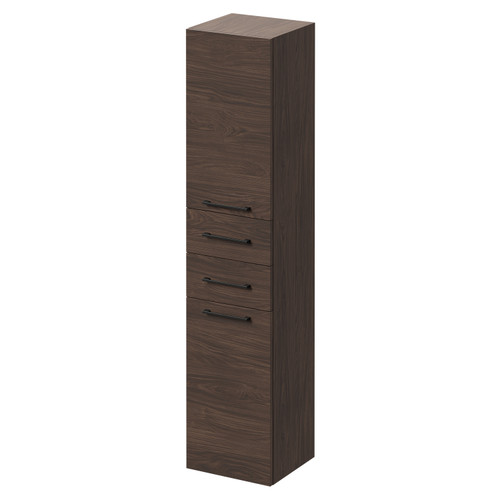 Napoli Brown Oak 350mm x 1600mm Wall Mounted Tall Storage Unit with 2 Doors 2 Drawers and Gunmetal Grey Handles Right Hand View
