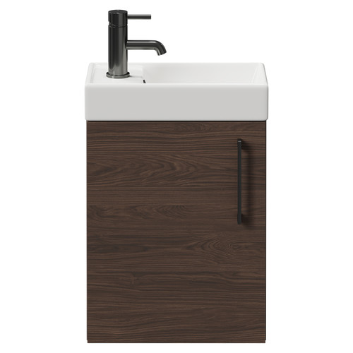 Napoli Compact Brown Oak 400mm Wall Mounted Vanity Unit with 1 Tap Hole Basin and Single Door with Gunmetal Grey Handle Front View