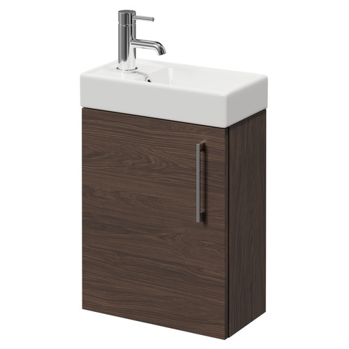 Napoli Compact Brown Oak 400mm Wall Mounted Vanity Unit with 1 Tap Hole Basin and Single Door with Polished Chrome Handle Right Hand View