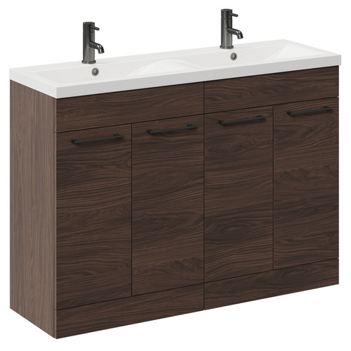 Napoli Brown Oak 1200mm Floor Standing Vanity Unit with Ceramic Double Basin and 4 Doors with Gunmetal Grey Handles Left Hand View