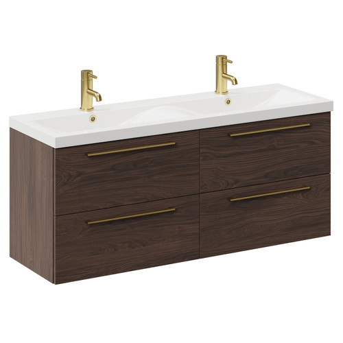 Napoli Brown Oak 1200mm Wall Mounted Vanity Unit with Ceramic Double Basin and 4 Drawers with Brushed Brass Handles Left Hand View