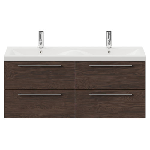 Napoli Brown Oak 1200mm Wall Mounted Vanity Unit with Ceramic Double Basin and 4 Drawers with Polished Chrome Handles Front View