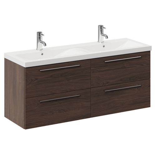 Napoli Brown Oak 1200mm Wall Mounted Vanity Unit with Ceramic Double Basin and 4 Drawers with Polished Chrome Handles Left Hand View