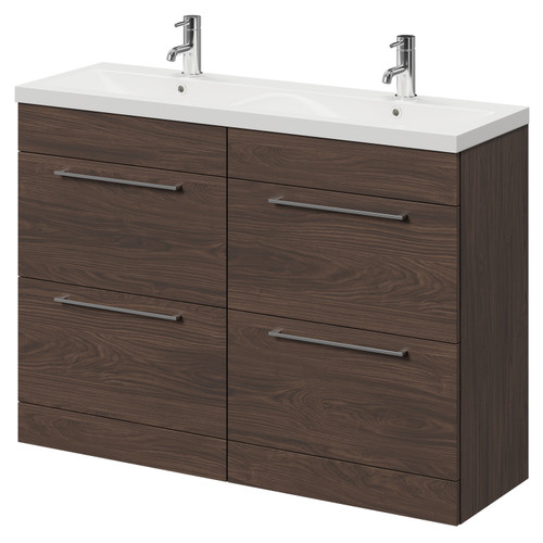 Napoli Brown Oak 1200mm Floor Standing Vanity Unit with Ceramic Double Basin and 4 Drawers with Polished Chrome Handles Right Hand View