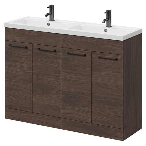 Napoli Brown Oak 1200mm Floor Standing Vanity Unit with Polymarble Double Basin and 4 Doors with Gunmetal Grey Handles Right Hand View