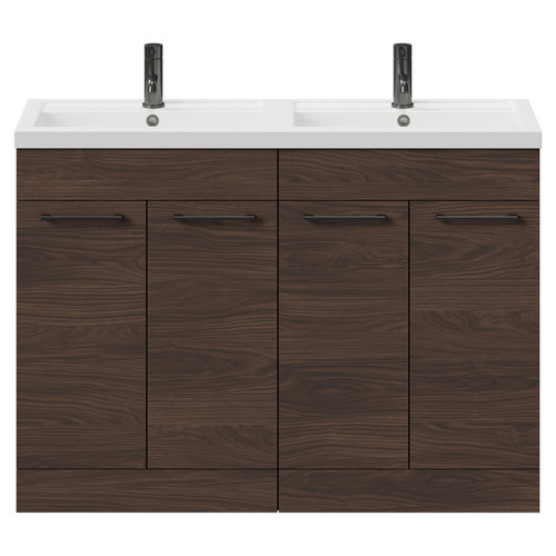 Napoli Brown Oak 1200mm Floor Standing Vanity Unit with Polymarble Double Basin and 4 Doors with Gunmetal Grey Handles Front View