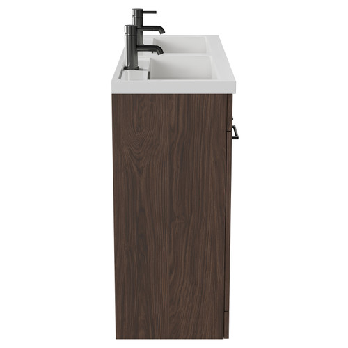 Napoli Brown Oak 1200mm Floor Standing Vanity Unit with Polymarble Double Basin and 4 Doors with Gunmetal Grey Handles Side View