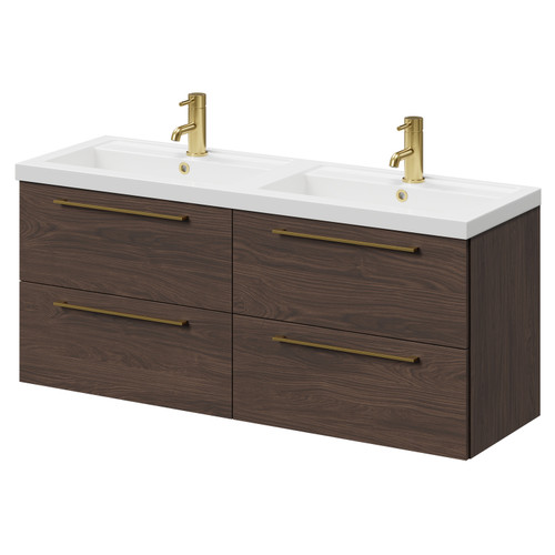 Napoli Brown Oak 1200mm Wall Mounted Vanity Unit with Polymarble Double Basin and 4 Drawers with Brushed Brass Handles Right Hand View