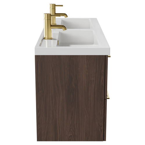 Napoli Brown Oak 1200mm Wall Mounted Vanity Unit with Polymarble Double Basin and 4 Drawers with Brushed Brass Handles Side View