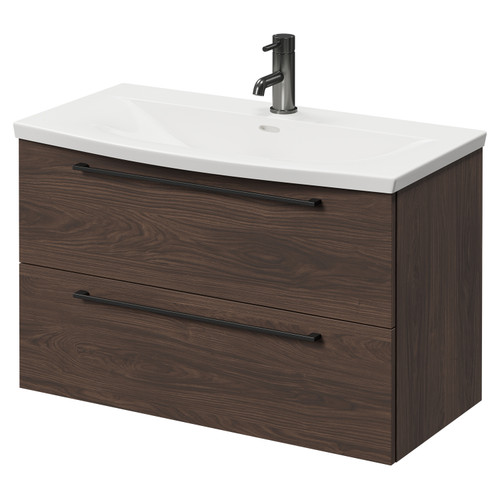 Napoli Brown Oak 800mm Wall Mounted Vanity Unit with 1 Tap Hole Curved Basin and 2 Drawers with Gunmetal Grey Handles Right Hand View