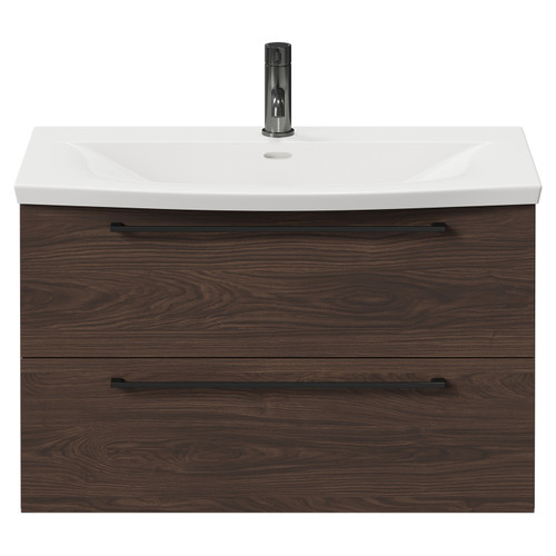 Napoli Brown Oak 800mm Wall Mounted Vanity Unit with 1 Tap Hole Curved Basin and 2 Drawers with Gunmetal Grey Handles Front View