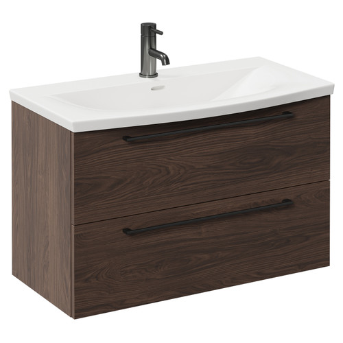 Napoli Brown Oak 800mm Wall Mounted Vanity Unit with 1 Tap Hole Curved Basin and 2 Drawers with Gunmetal Grey Handles Left Hand View