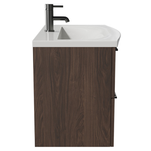 Napoli Brown Oak 800mm Wall Mounted Vanity Unit with 1 Tap Hole Curved Basin and 2 Drawers with Gunmetal Grey Handles Side View