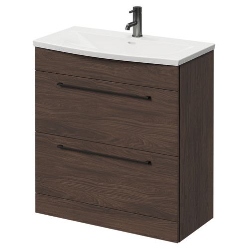Napoli Brown Oak 800mm Floor Standing Vanity Unit with 1 Tap Hole Curved Basin and 2 Drawers with Gunmetal Grey Handles Right Hand View