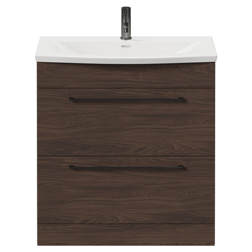 Napoli Brown Oak 800mm Floor Standing Vanity Unit with 1 Tap Hole Curved Basin and 2 Drawers with Gunmetal Grey Handles Front View