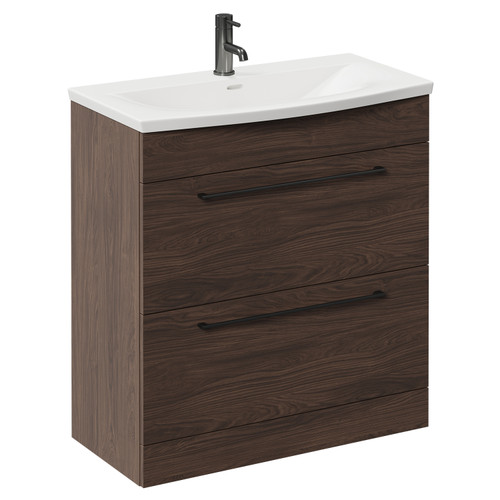 Napoli Brown Oak 800mm Floor Standing Vanity Unit with 1 Tap Hole Curved Basin and 2 Drawers with Gunmetal Grey Handles Left Hand View