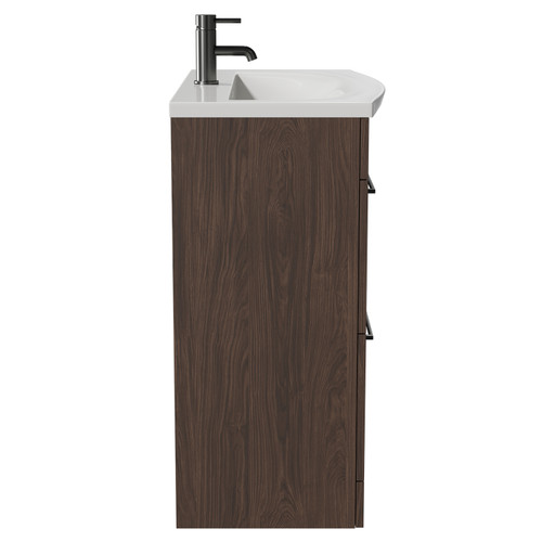 Napoli Brown Oak 800mm Floor Standing Vanity Unit with 1 Tap Hole Curved Basin and 2 Drawers with Gunmetal Grey Handles Side View