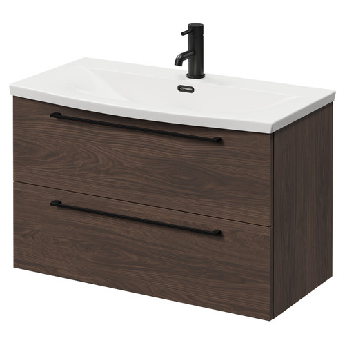 Napoli Brown Oak 800mm Wall Mounted Vanity Unit with 1 Tap Hole Curved Basin and 2 Drawers with Matt Black Handles Right Hand View