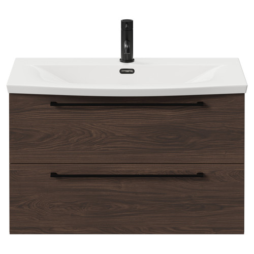 Napoli Brown Oak 800mm Wall Mounted Vanity Unit with 1 Tap Hole Curved Basin and 2 Drawers with Matt Black Handles Front View