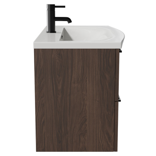 Napoli Brown Oak 800mm Wall Mounted Vanity Unit with 1 Tap Hole Curved Basin and 2 Drawers with Matt Black Handles Side View