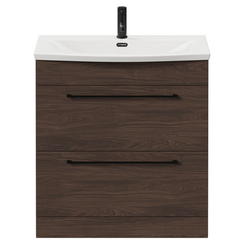 Napoli Brown Oak 800mm Floor Standing Vanity Unit with 1 Tap Hole Curved Basin and 2 Drawers with Matt Black Handles Front View
