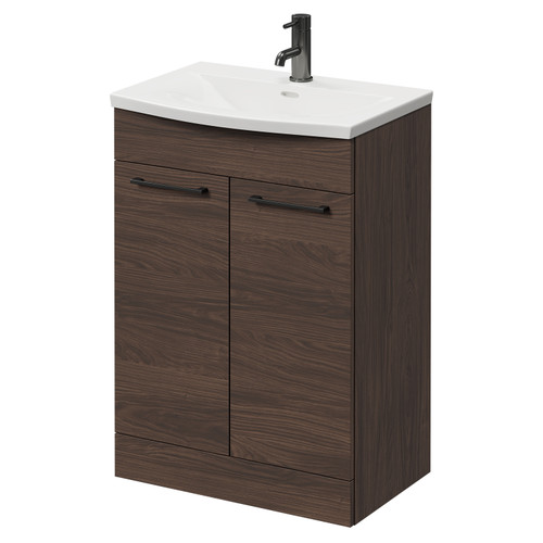Napoli Brown Oak 600mm Floor Standing Vanity Unit with 1 Tap Hole Curved Basin and 2 Doors with Gunmetal Grey Handles Right Hand View