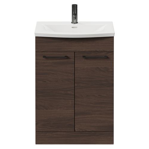 Napoli Brown Oak 600mm Floor Standing Vanity Unit with 1 Tap Hole Curved Basin and 2 Doors with Gunmetal Grey Handles Front View