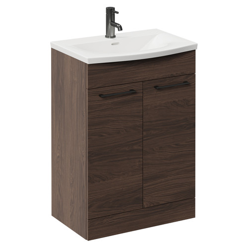 Napoli Brown Oak 600mm Floor Standing Vanity Unit with 1 Tap Hole Curved Basin and 2 Doors with Gunmetal Grey Handles Left Hand View
