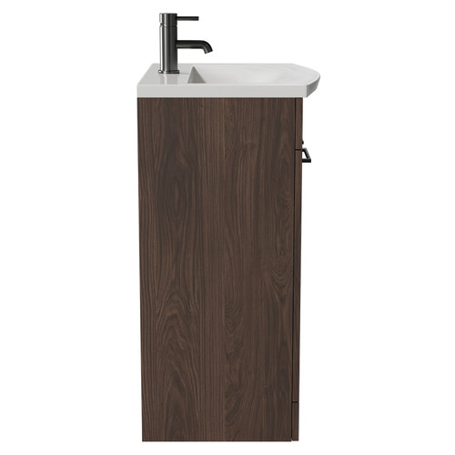 Napoli Brown Oak 600mm Floor Standing Vanity Unit with 1 Tap Hole Curved Basin and 2 Doors with Gunmetal Grey Handles Side View