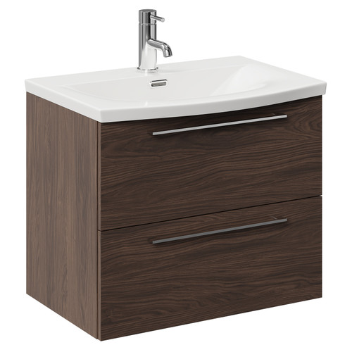 Napoli Brown Oak 600mm Wall Mounted Vanity Unit with 1 Tap Hole Curved Basin and 2 Drawers with Polished Chrome Handles Left Hand View