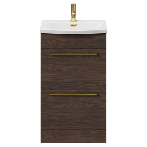 Napoli Brown Oak 500mm Floor Standing Vanity Unit with 1 Tap Hole Curved Basin and 2 Drawers with Brushed Brass Handles Front View