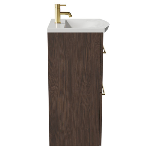 Napoli Brown Oak 500mm Floor Standing Vanity Unit with 1 Tap Hole Curved Basin and 2 Drawers with Brushed Brass Handles Side View