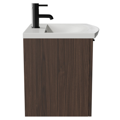Napoli Brown Oak 500mm Wall Mounted Vanity Unit with 1 Tap Hole Curved Basin and Single Drawer with Matt Black Handle Side View