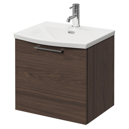 Napoli Brown Oak 500mm Wall Mounted Vanity Unit with 1 Tap Hole Curved Basin and Single Drawer with Polished Chrome Handle Right Hand View