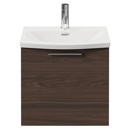 Napoli Brown Oak 500mm Wall Mounted Vanity Unit with 1 Tap Hole Curved Basin and Single Drawer with Polished Chrome Handle Front View