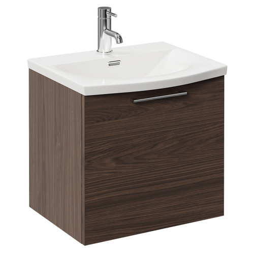 Napoli Brown Oak 500mm Wall Mounted Vanity Unit with 1 Tap Hole Curved Basin and Single Drawer with Polished Chrome Handle Left Hand View