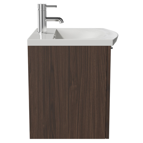 Napoli Brown Oak 500mm Wall Mounted Vanity Unit with 1 Tap Hole Curved Basin and Single Drawer with Polished Chrome Handle Side View