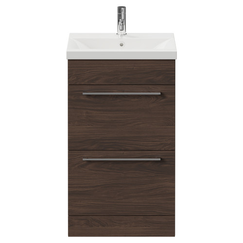 Napoli Brown Oak 500mm Floor Standing Vanity Unit with 1 Tap Hole Basin and 2 Drawers with Polished Chrome Handles Front View