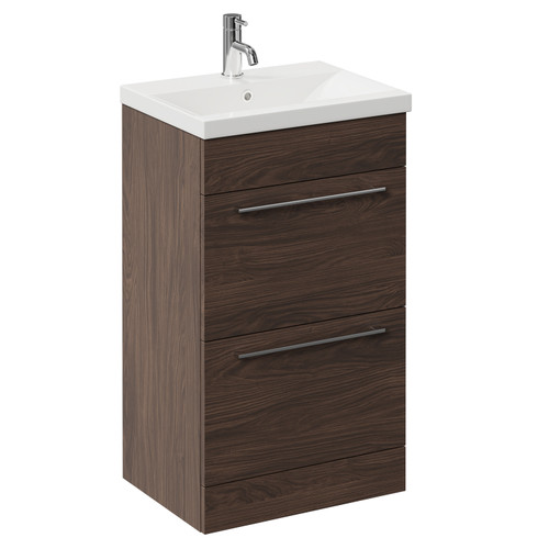 Napoli Brown Oak 500mm Floor Standing Vanity Unit with 1 Tap Hole Basin and 2 Drawers with Polished Chrome Handles Left Hand View