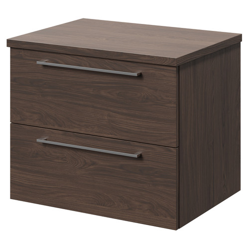 Napoli Brown Oak 600mm Wall Mounted Vanity Unit for Countertop Basins with 2 Drawers and Polished Chrome Handles Right Hand View