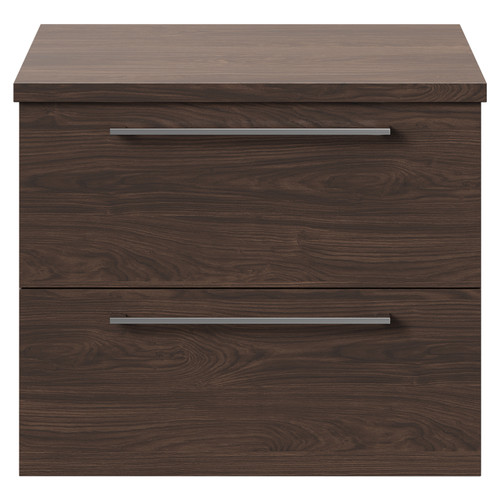 Napoli Brown Oak 600mm Wall Mounted Vanity Unit for Countertop Basins with 2 Drawers and Polished Chrome Handles Front View