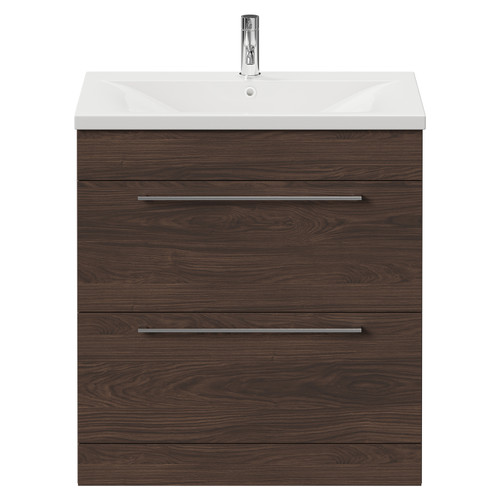 Napoli Brown Oak 800mm Floor Standing Vanity Unit with 1 Tap Hole Basin and 2 Drawers with Polished Chrome Handles Front View