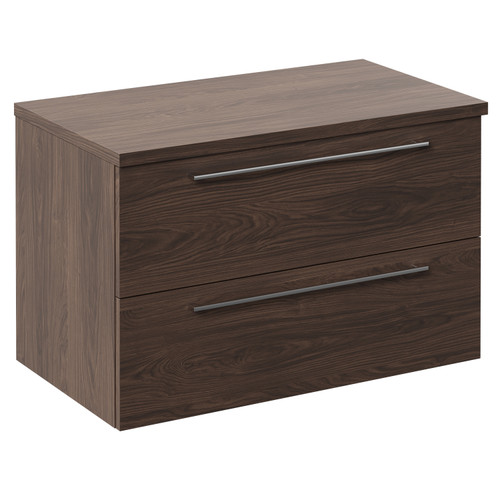 Napoli Brown Oak 800mm Wall Mounted Vanity Unit for Countertop Basins with 2 Drawers and Polished Chrome Handles Left Hand View