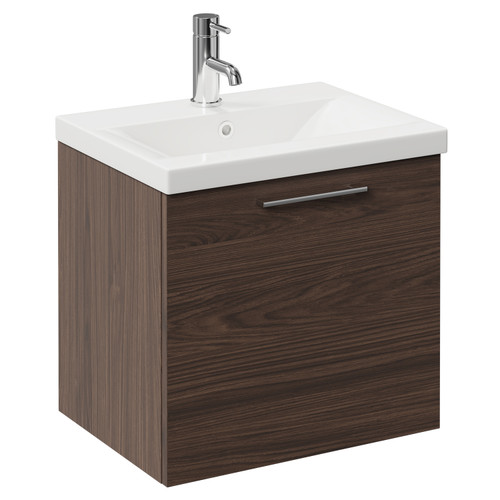 Napoli Brown Oak 500mm Wall Mounted Vanity Unit with 1 Tap Hole Basin and Single Drawer with Polished Chrome Handle Left Hand View
