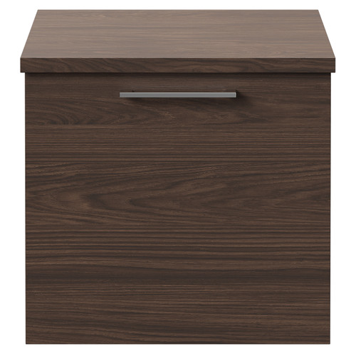 Napoli Brown Oak 500mm Wall Mounted Vanity Unit for Countertop Basins with Single Drawer and Polished Chrome Handle Front View