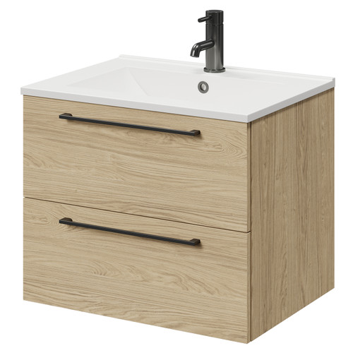Napoli Light Oak 600mm Wall Mounted Vanity Unit with 1 Tap Hole Minimalist Basin and 2 Drawers with Gunmetal Grey Handles Right Hand View