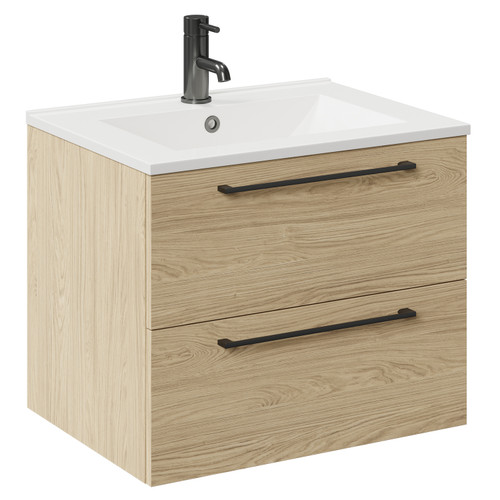 Napoli Light Oak 600mm Wall Mounted Vanity Unit with 1 Tap Hole Minimalist Basin and 2 Drawers with Gunmetal Grey Handles Left Hand View