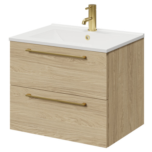 Napoli Light Oak 600mm Wall Mounted Vanity Unit with 1 Tap Hole Minimalist Basin and 2 Drawers with Brushed Brass Handles Right Hand View