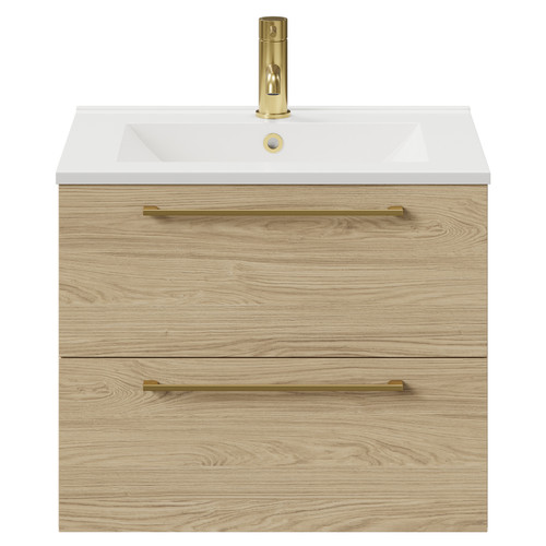 Napoli Light Oak 600mm Wall Mounted Vanity Unit with 1 Tap Hole Minimalist Basin and 2 Drawers with Brushed Brass Handles Front View