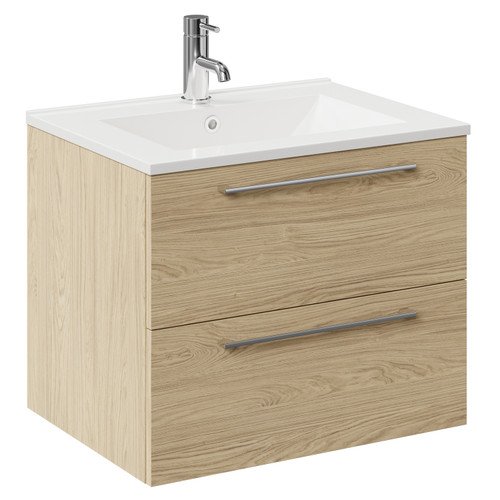 Napoli Light Oak 600mm Wall Mounted Vanity Unit with 1 Tap Hole Minimalist Basin and 2 Drawers with Chrome Handles Left Hand View